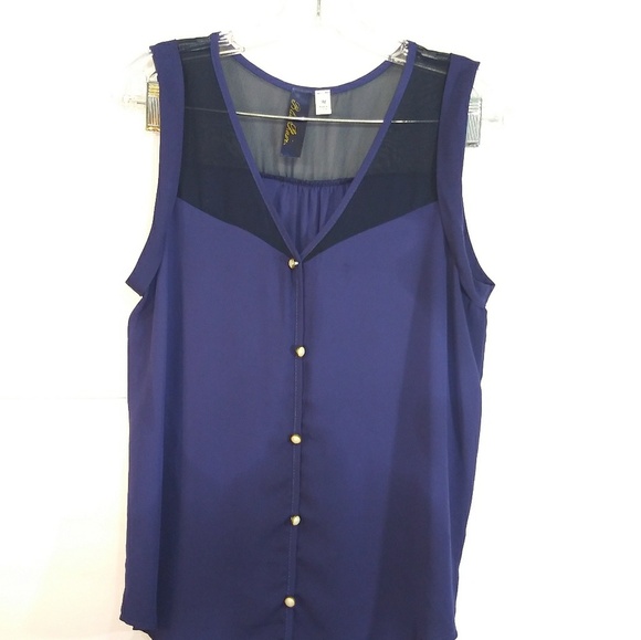 Blue Rain Two Tone Dark Navy Button Down Blouse Sz M - Picture 1 of 3